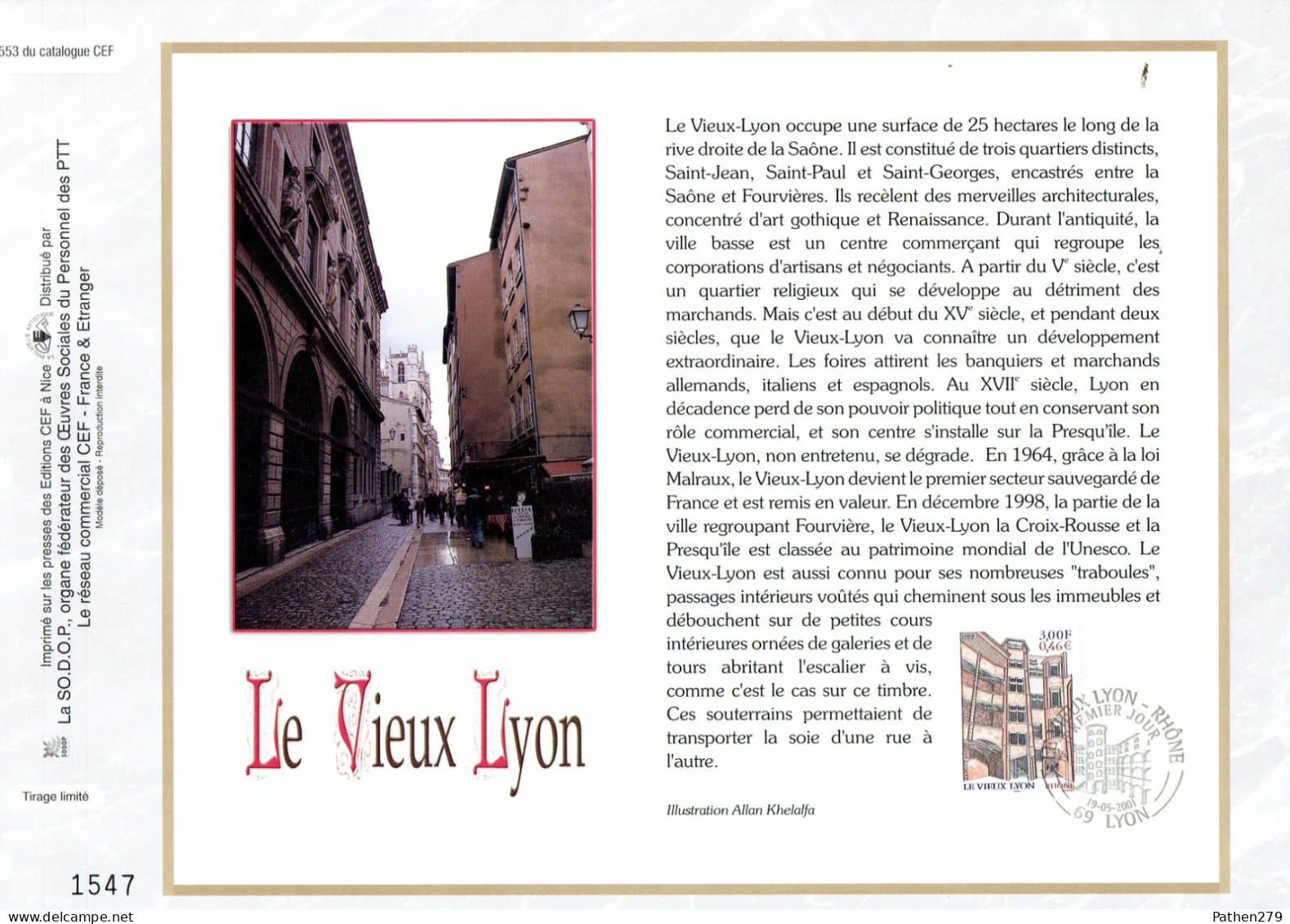 Feuillet Philatélique 1er Jour CEF N° 1553 - Le Vieux Lyon - Lyon - 19 Mai 2001 - Andere & Zonder Classificatie