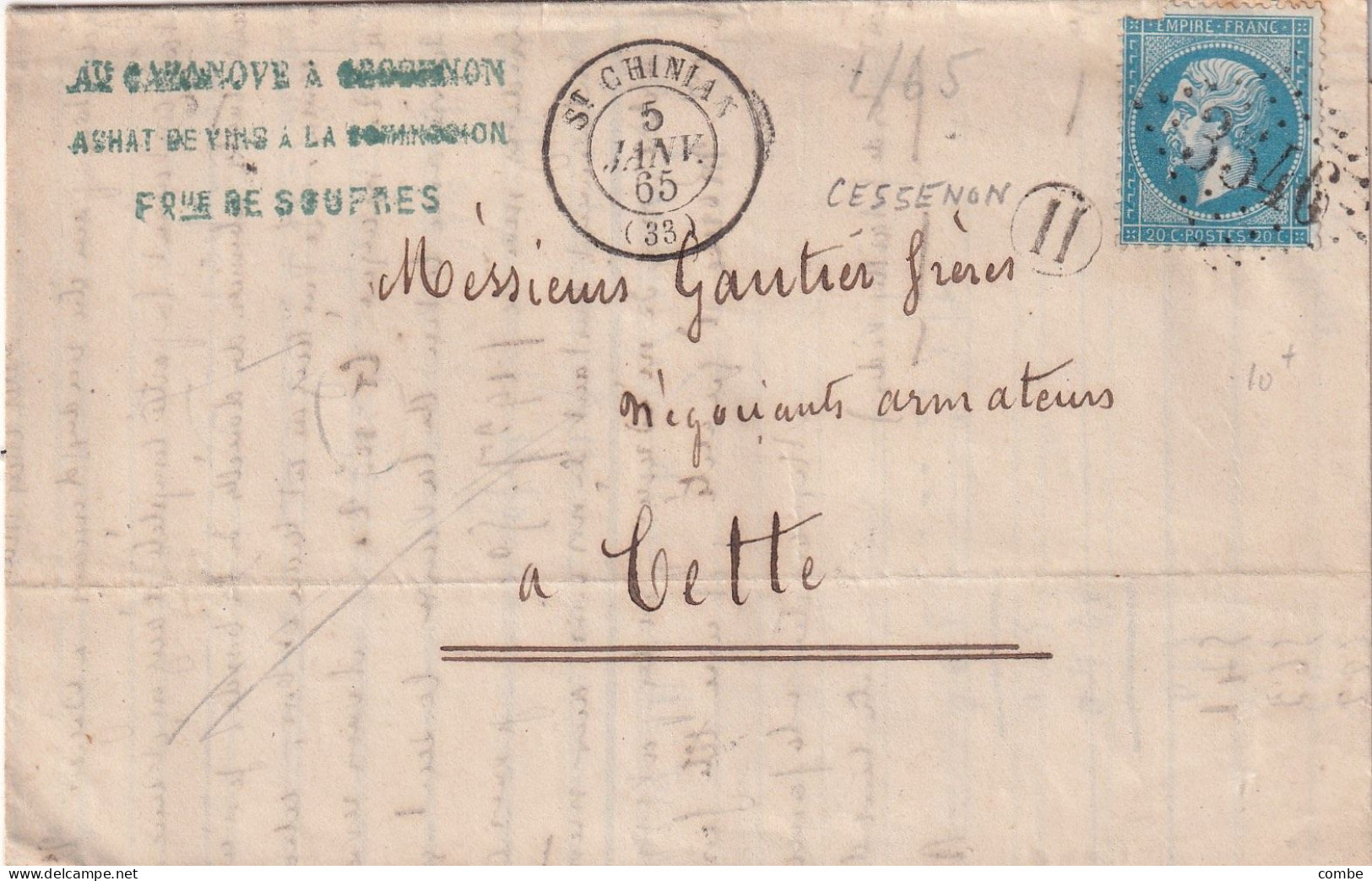 LETTRE. 5 JANV 1865. N° 22. ST CHINIAN. HERAULT. GC 3546. BOITE RURALE H = CESSENON. POUR CETTE - 1849-1876: Période Classique