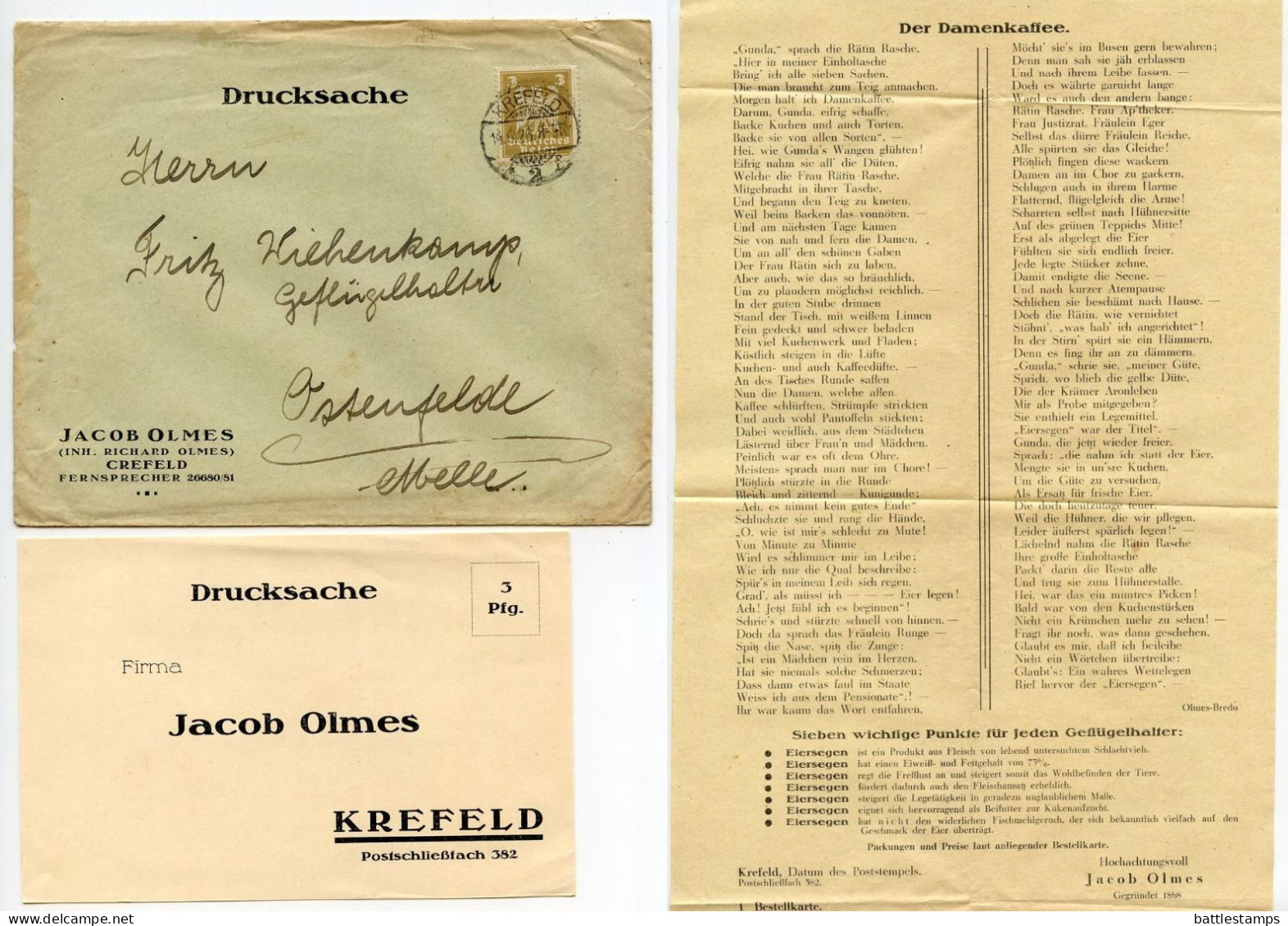 Germany 1926 Cover W/ Advertisement (Eggs); Krefeld - Jacob Olmes To Ostenfelde; 3pf. German Eagle - Covers & Documents