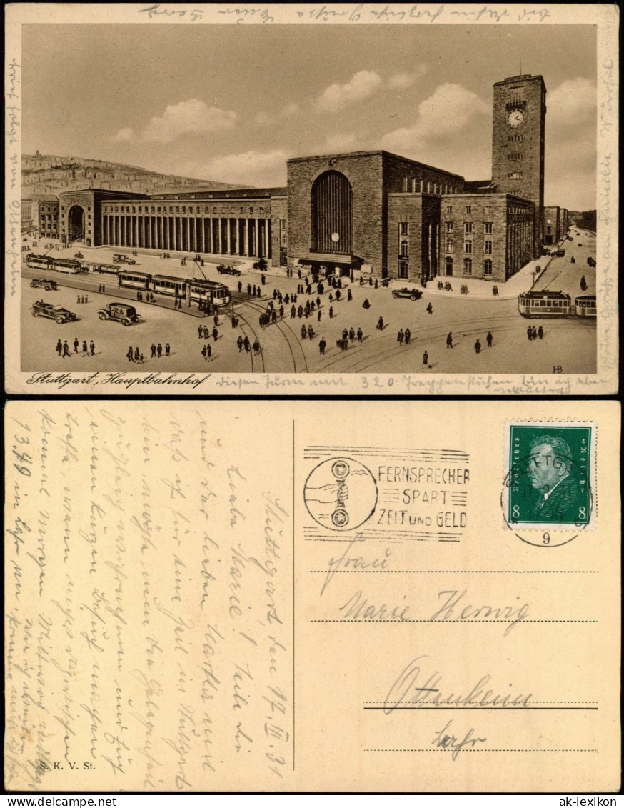 Ansichtskarte Stuttgart Hauptbahnhof Straßenbahn Künstlerkarte 1931 - Stuttgart