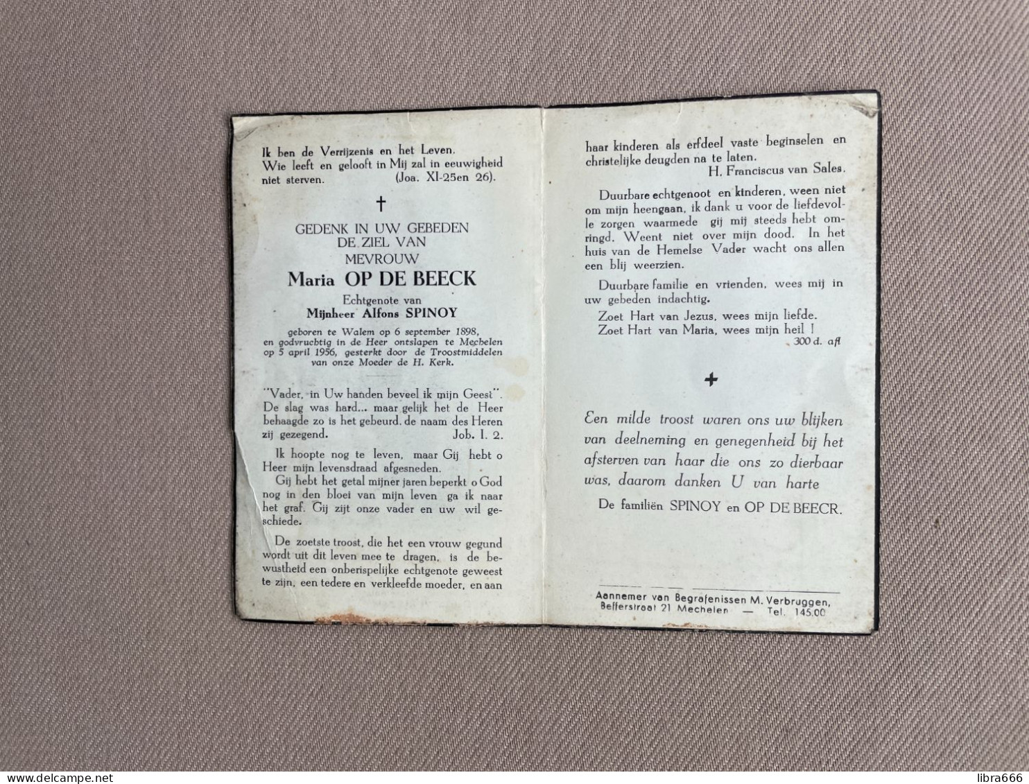 OP DE BEECK Maria °WALEM 1898 +MECHELEN 1956 - SPINOY - Overlijden