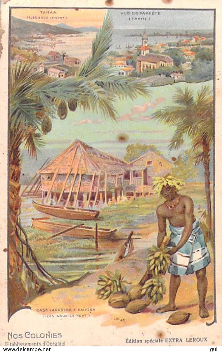 Polynésie Française Edition Chicorée LEROUX -NOS COLONIES Etablissents D'Océanie TAHAA/ PAPEETE/ Case Lacustre à RAIATEA - Polynésie Française