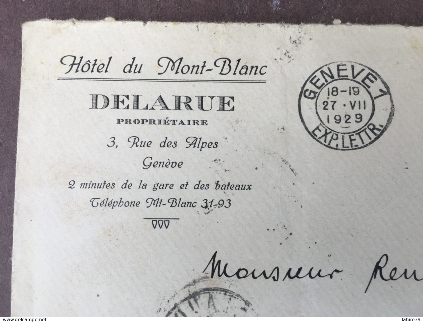 Enveloppe Timbrée / Hôtel Du Mont Blanc / Delarue Propriètaire / Genève / 1929 - 1900 – 1949