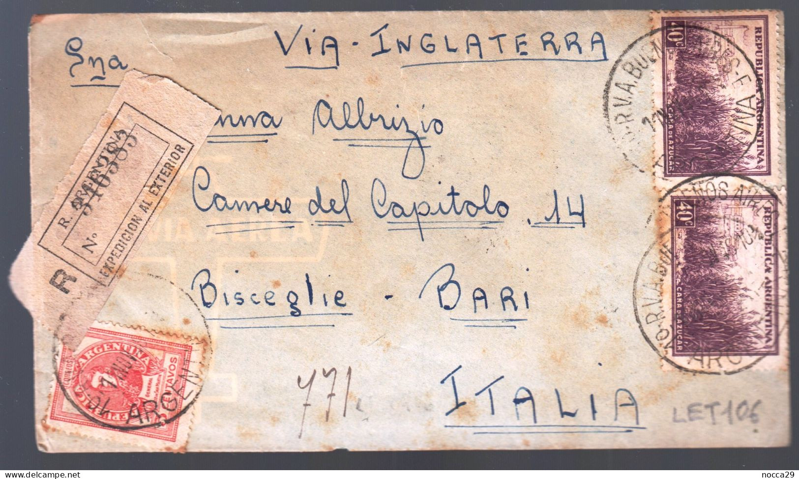 RARA LETTERA RACCOMANDATA SPEDITA DA BUENOS AIRES A BISCEGLIE NEL 1946 - CON TESTO INTERNO (LET 106) - Marcofilie