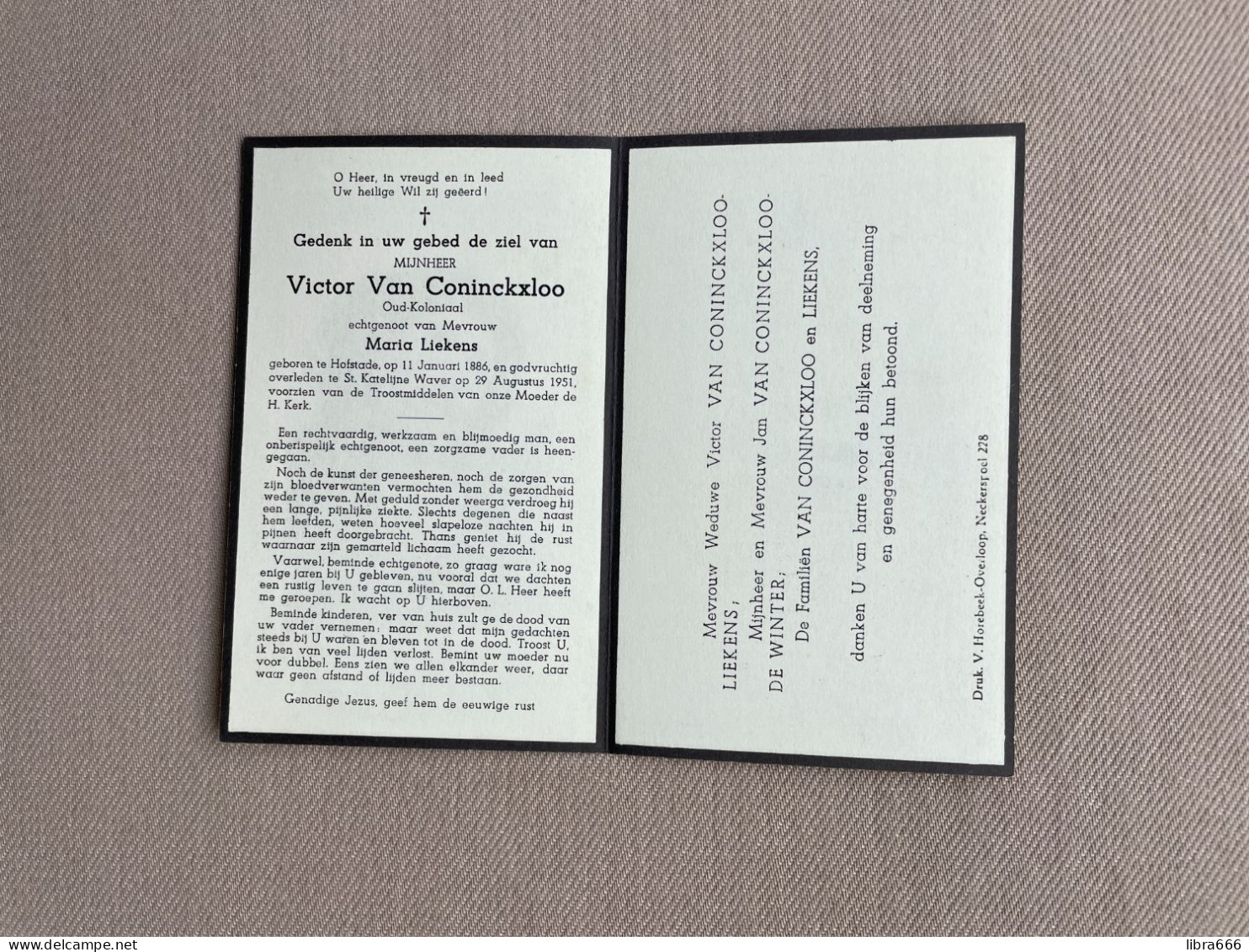 VAN CONINCKXLOO Victor °HOFSTADE 1886 +SINT-KATELIJNE-WAVER 1951 - LIEKENS - DE WINTER - Overlijden
