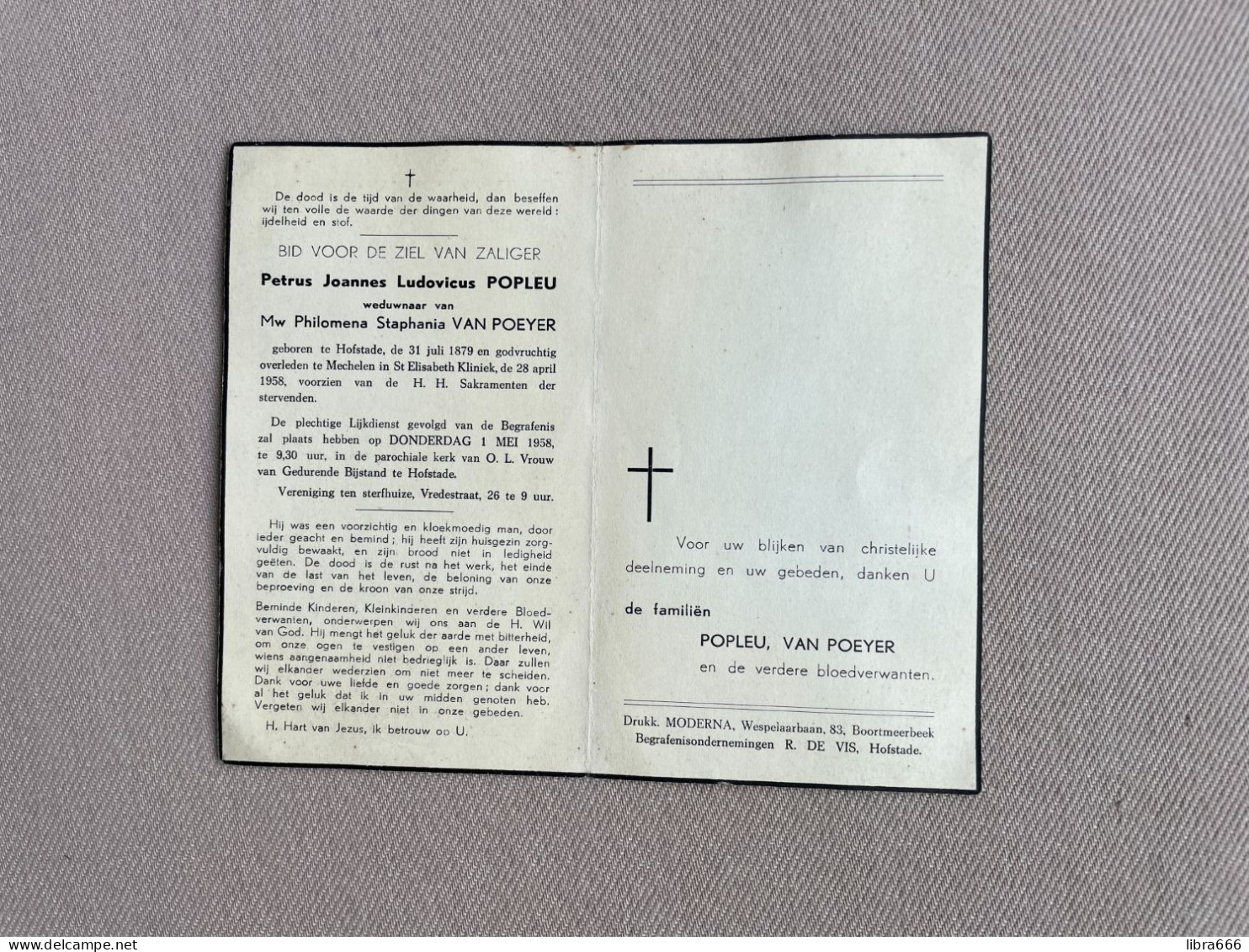 POPLEU Petrus Joannes Ludovicus °HOFSTADE 1879 +MECHELEN 1958 - VAN POEYER - Obituary Notices