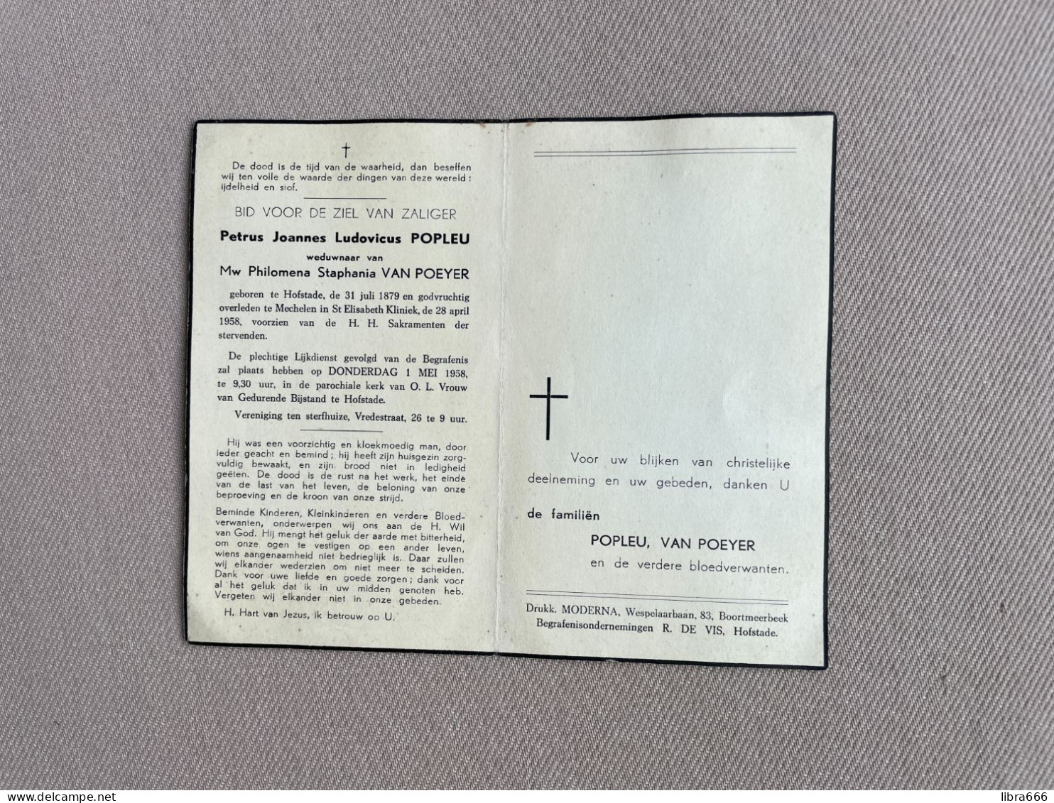 POPLEU Petrus Joannes Ludovicus °HOFSTADE 1879 +MECHELEN 1958 - VAN POEYER - Overlijden