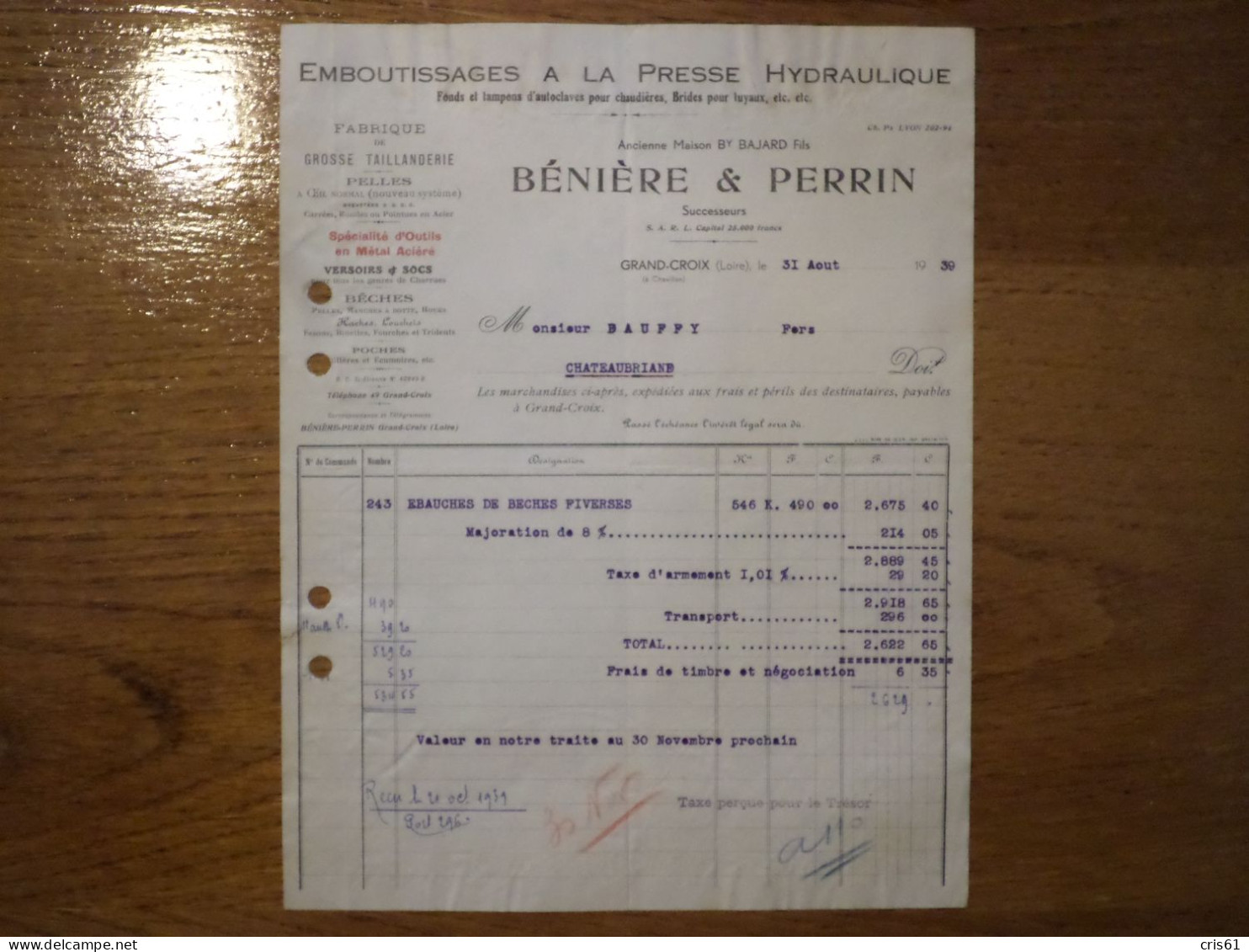 42 GRAND CROIX - Facture BENIERE & PERRIN, Emboutissages à La Presse Hydraulique, Aout 1939 - 1900 – 1949