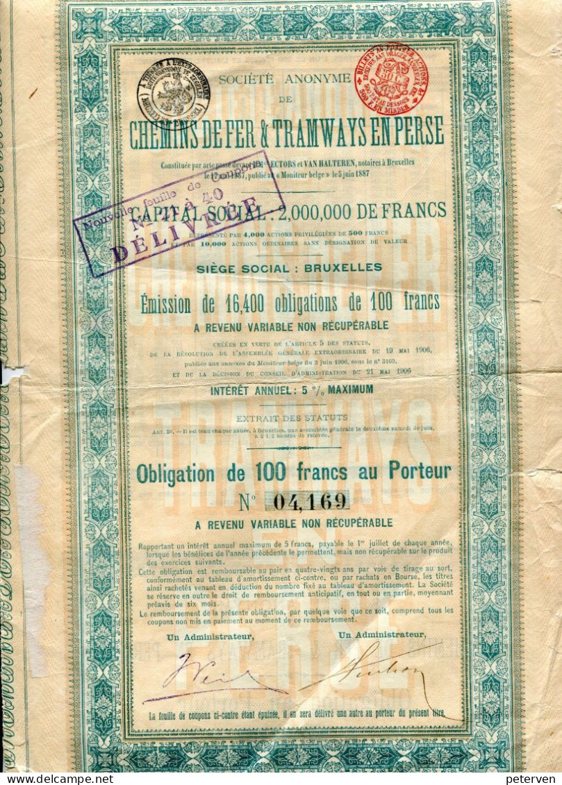 CHEMINS De FER & TRAMWAYS En PERSE; Obligation - Ferrocarril & Tranvías