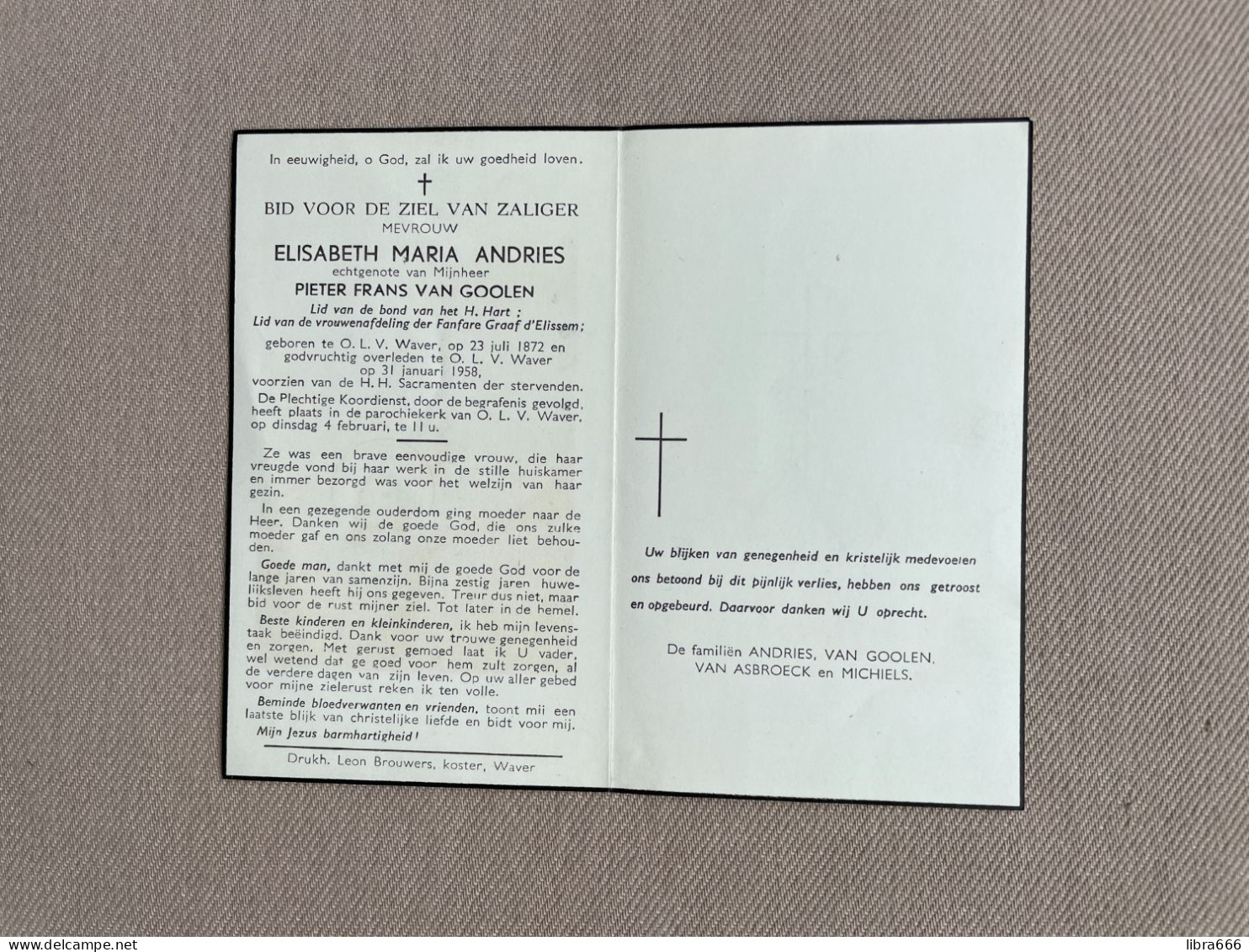 ANDRIES Elisabeth Maria °ONZE-LIEVE-VROUW-WAVER 1872 +ONZE-LIEVE-VROUW-WAVER 1958 - VAN GOOLEN - VAN ASBROECK - MICHIELS - Obituary Notices