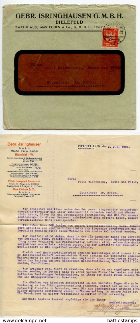 Germany 1924 Cover & Letter; Bielefeld - Gebr. Isringhausen G.M.B.H., Häute Felle. Leder; 10pf. German Eagle - Lettres & Documents