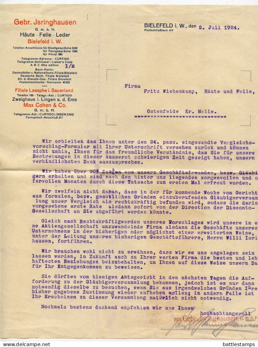 Germany 1924 Cover & Letter; Bielefeld - Gebr. Isringhausen G.M.B.H., Häute Felle. Leder; 10pf. German Eagle - Lettres & Documents