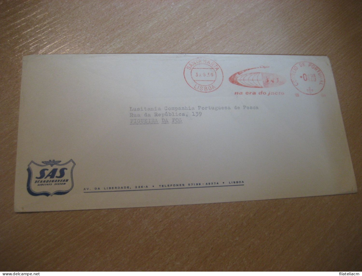 LISBOA 1959 To Figueira Da Foz SAS Scandinavian Airlines System Airline Meter Mail Cancel Cover PORTUGAL - Lettres & Documents