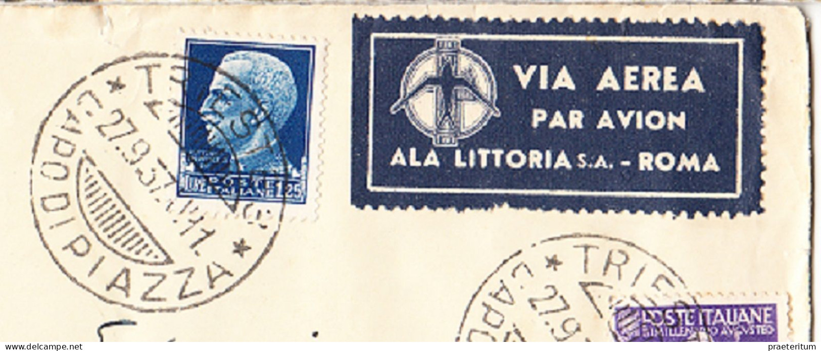 ITALIA Lettera Trieste Capo Di Piazza, 29.9.1937 Con Etichetta Via Aerea Ala Littoria S.a. Roma A Inghilterra. - Marcofilie