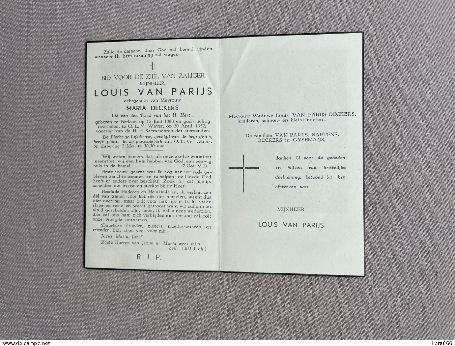 VAN PARIJS Louis °BERLAAR 1888 +ONZE-LIEVE-VROUW-WAVER 1952 - DECKARS - BAETENS - GYSEMANS - Obituary Notices