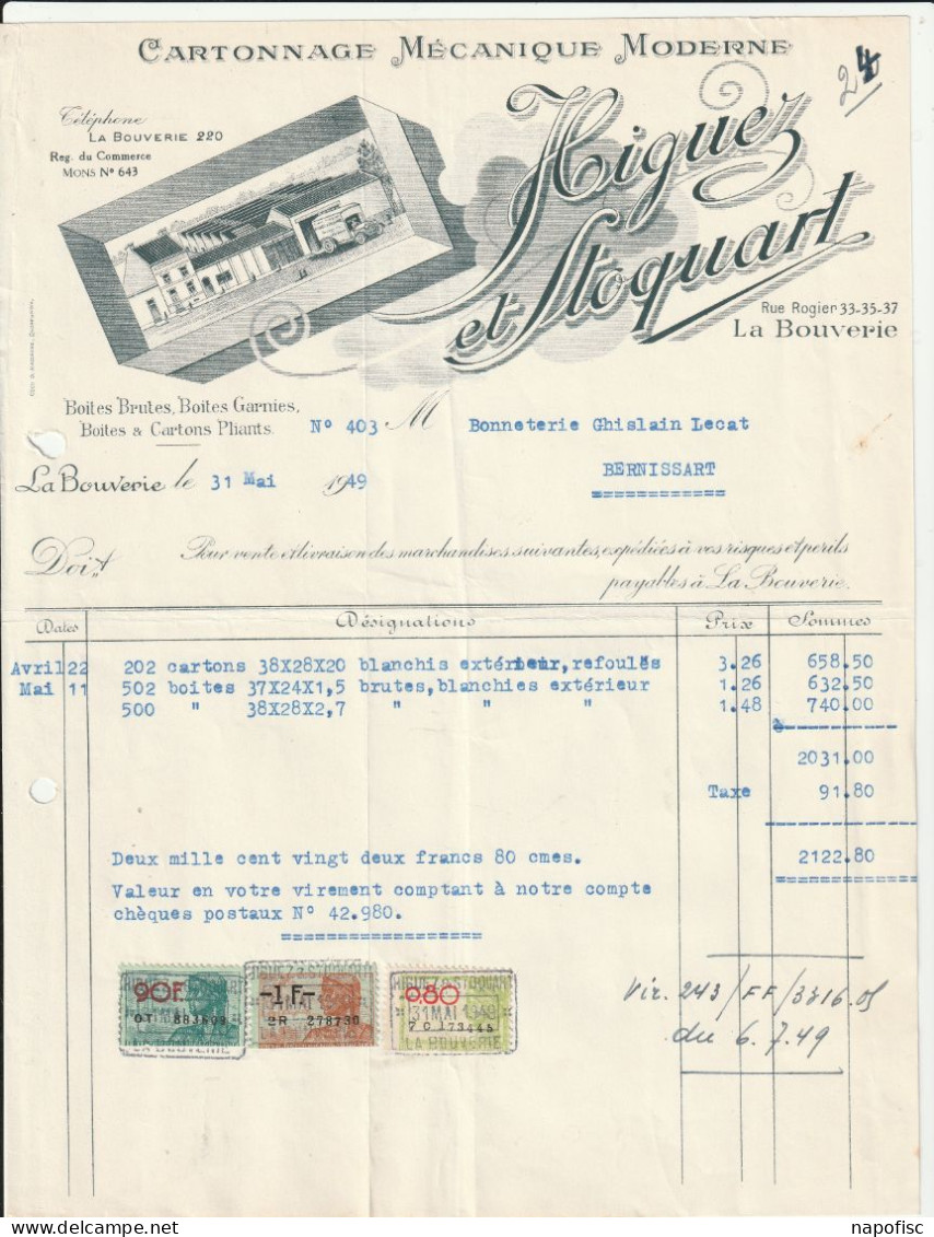 104-Higuez & Stoquart...Cartonnage Mécanique.Boites Brutes, Boites Garnies..La Bouverie-Frameries. .België-Belgique.1949 - Printing & Stationeries