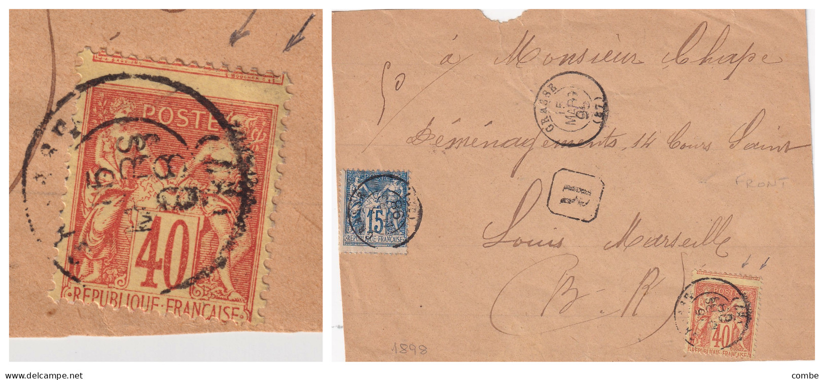 LETTRE. DEVANT. 1° MARS 1888. SAGE 40c. PIQUAGE A CHEVAL. RECOMMANDE GRASSE. ALPES MARITIMES. POUR MARSEILLE - 1876-1898 Sage (Type II)