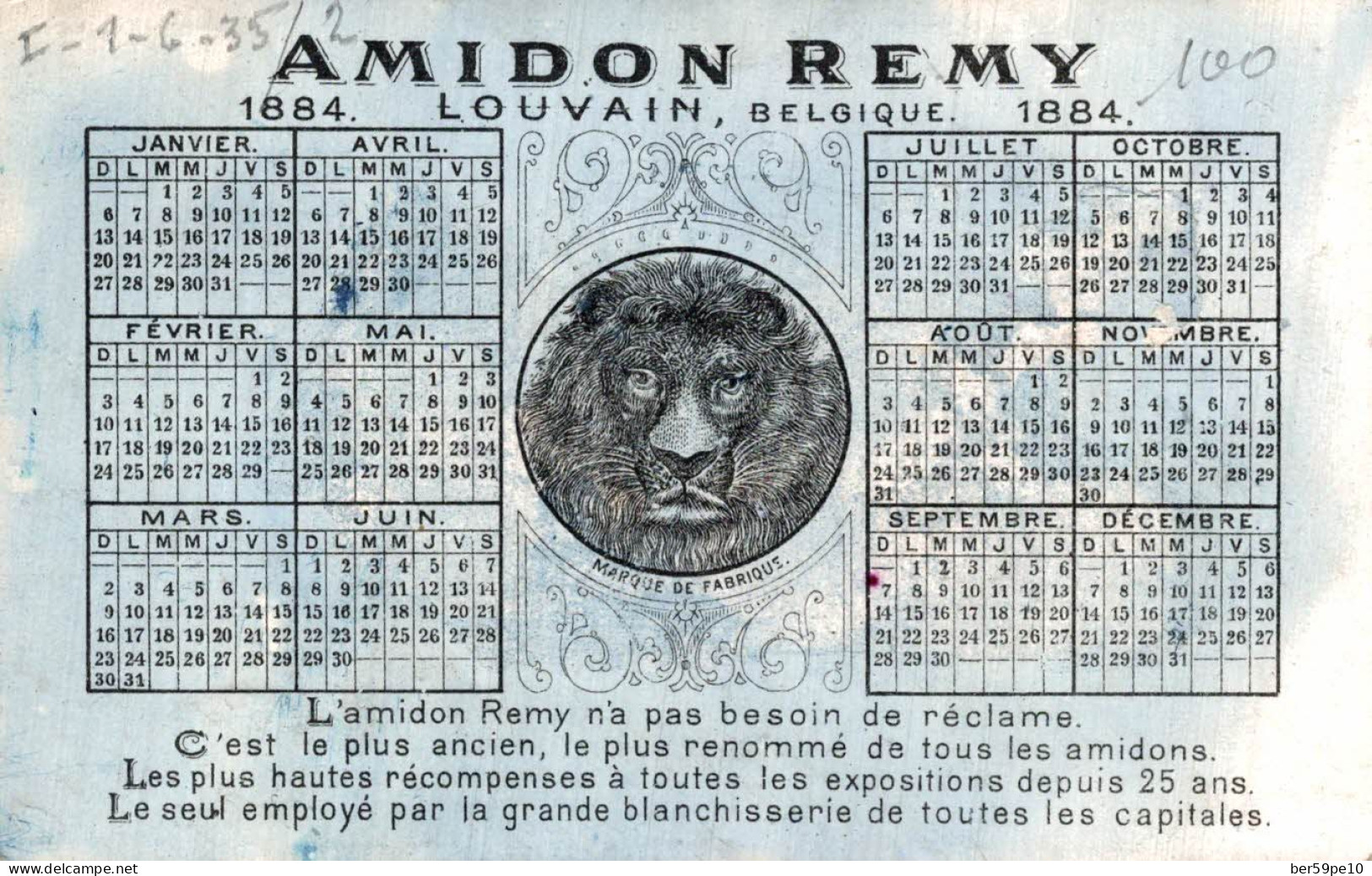 CHROMO AMIDON REMY A LOUVAIN BELGIQUE TETE DE LION (CALENDRIER 1884 AU V°) JOLI PAYSAGE SOUS LA NEIGE - Autres & Non Classés