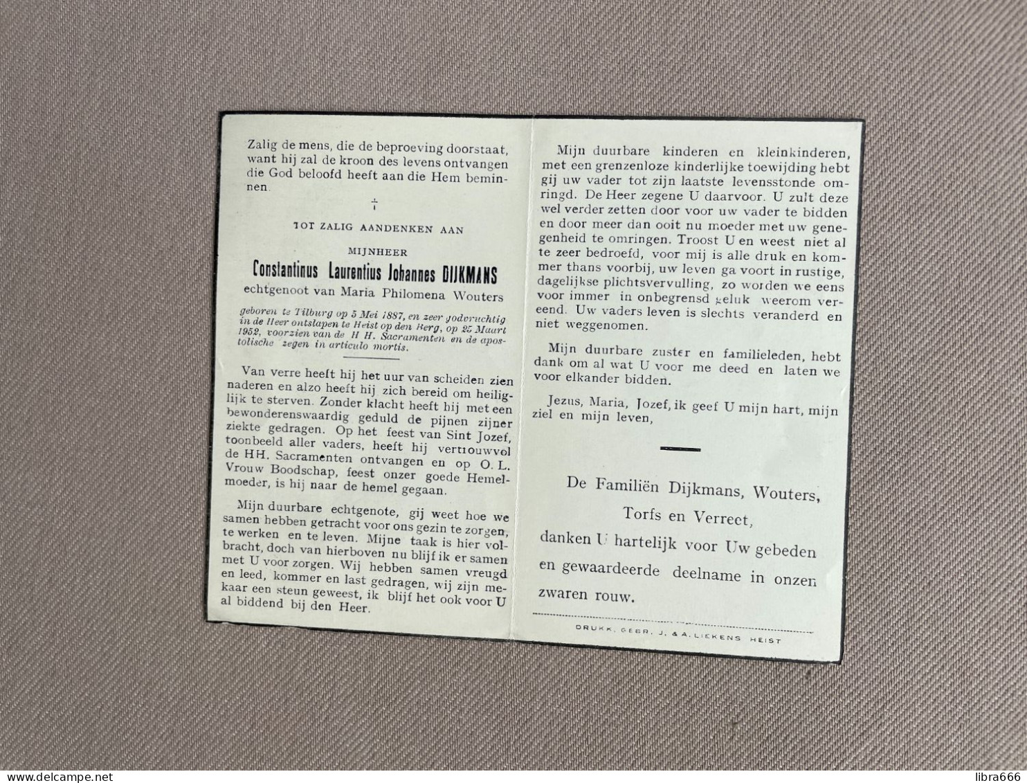 DIJKMANS Constantinus Laurentius Johannes °TILBURG 1887 +HEIST-OP-DEN-BERG 1952 - WOUTERS - TORFS - VERREET - Obituary Notices