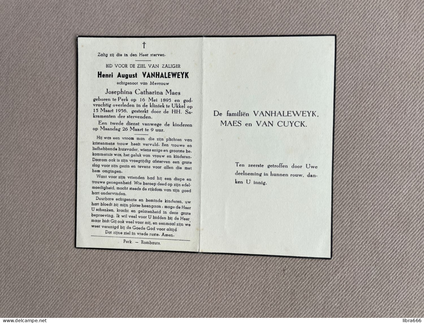 VANHALEWEYK Henri August °PERK 1895 +UKKEL 1956 - MAES - VAN CUYCK - Todesanzeige