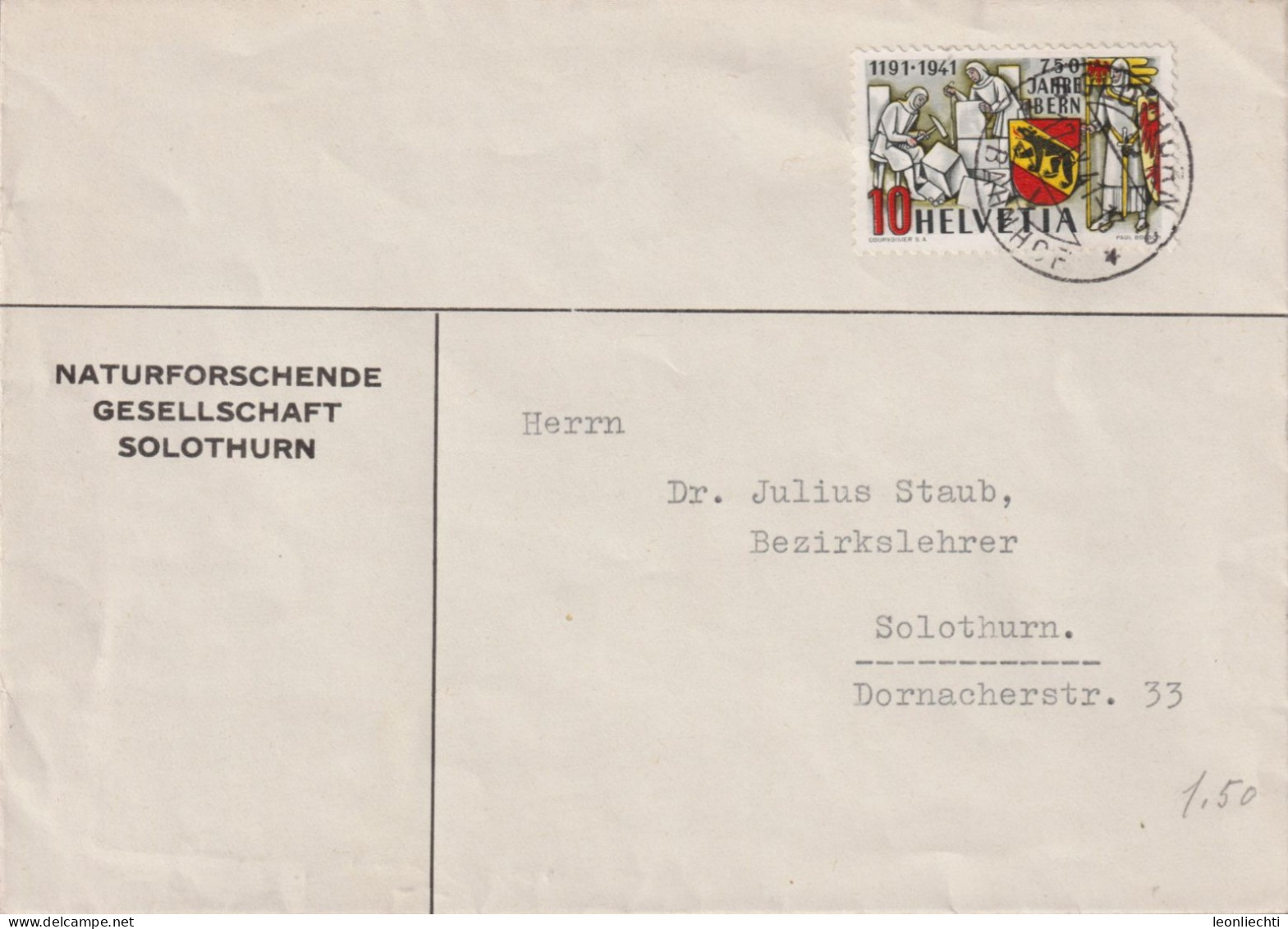 1941 Schweiz, Zum:CH253, Mi:CH 398, 750 Jahre Stadt Bern, NATURFORSCHENDE GESELLSCHAFT SOLOTHURN - Storia Postale