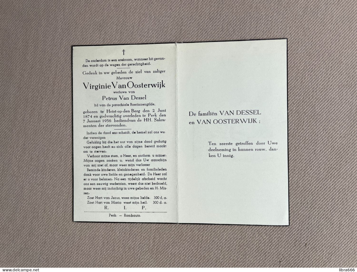 VAN OOSTERWIJK Virginie °HEIST-OP-DEN-BERG 1874 +PERK 1956 - VAN DESSEL - Obituary Notices