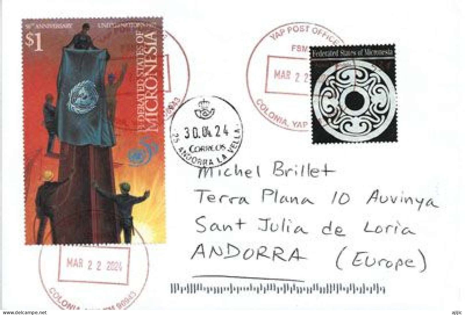 2024. "Aztec Mandala Calendar" ( From Yap P.O) Micronesia,  Letter To Andorra , With Andorran  Arrival Postmark - Micronésie