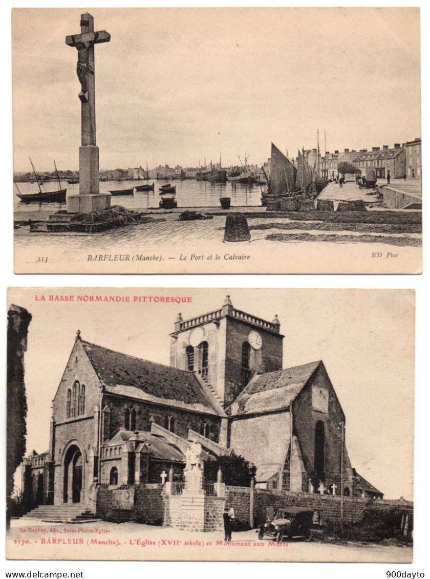 Lot De 2 CP. BARFLEUR. Le Port Et Le Calvaire; L'église (XVIIème Siècle) Et Le Monument Aux Morts. - Barfleur