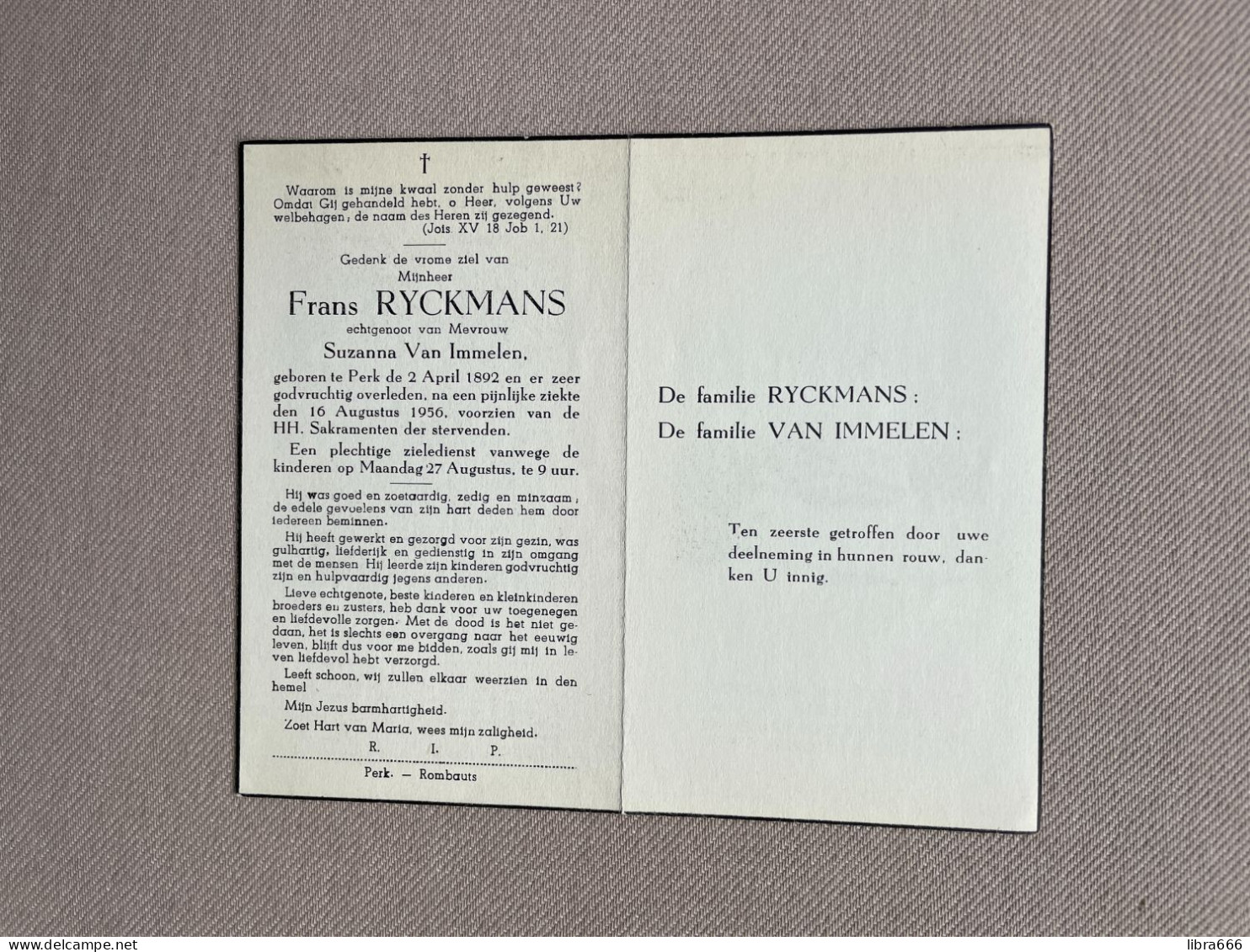 RYCKMANS Frans °PERK 1892 +PERK 1956 - VAN IMMELEN - Overlijden