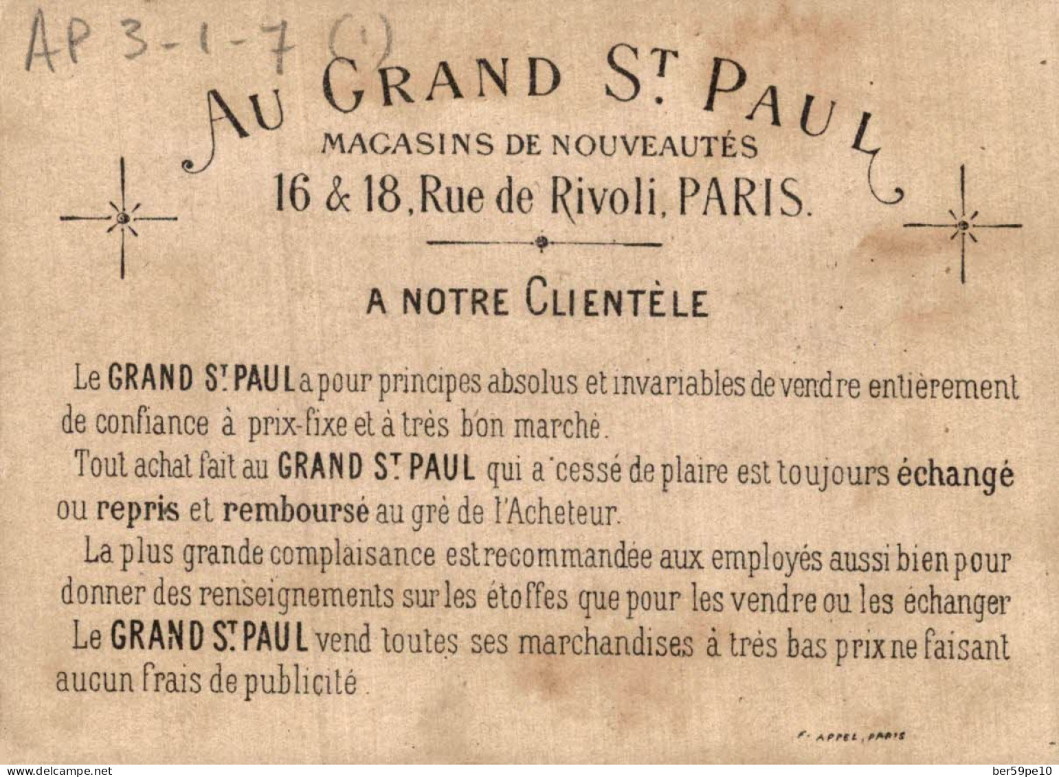 CHROMO AU GRAND ST PAUL NOUVEAUTES A PARIS CACHET DE CIRE - Autres & Non Classés