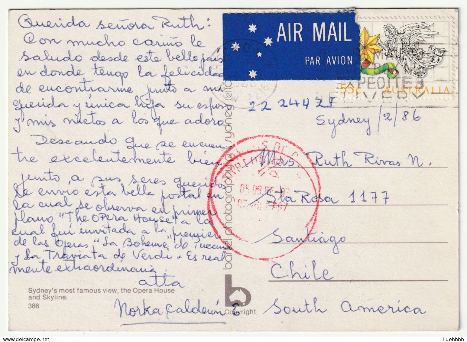 AUSTRALIA: 55c Christmas Solo Usage On 1986 Airmail Postcard To CHILE - Storia Postale