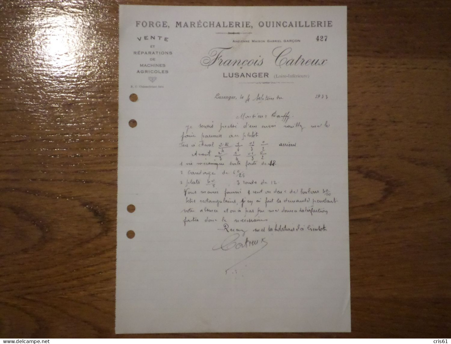 44 LUSANGER - Courrier FRANCOIS CATREUX, Forge Maréchalerie Quincaillerie, Septembre 1933 - 1900 – 1949