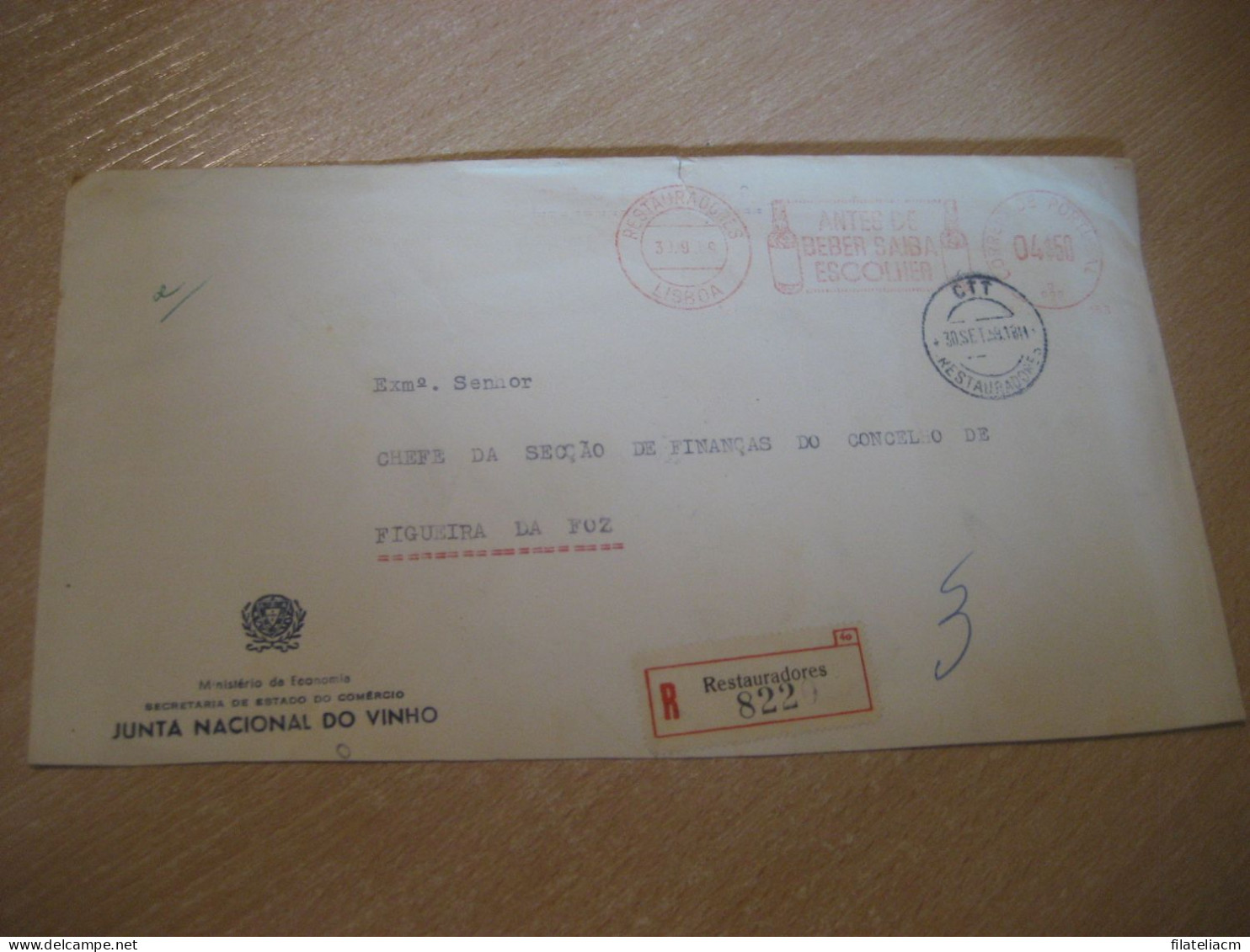 LISBOA 1959 To Figueira Da Foz Beber Junta Vinho Wine Enology Drink Registered Meter Mail Slight Faults Cover PORTUGAL - Cartas & Documentos