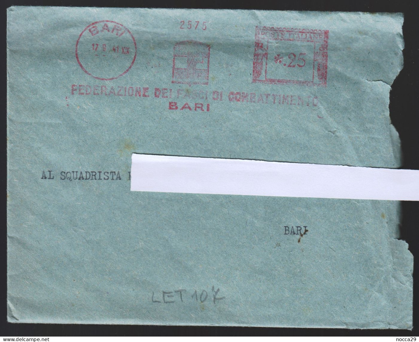 LETTERA SPEDITA DA BARI NEL 1941 - TIMBRI ROSSI EMA - FEDERAZIONE FASCI DI COMBATTIMENTO - SQUADRISMO (LET 107) - Poststempel