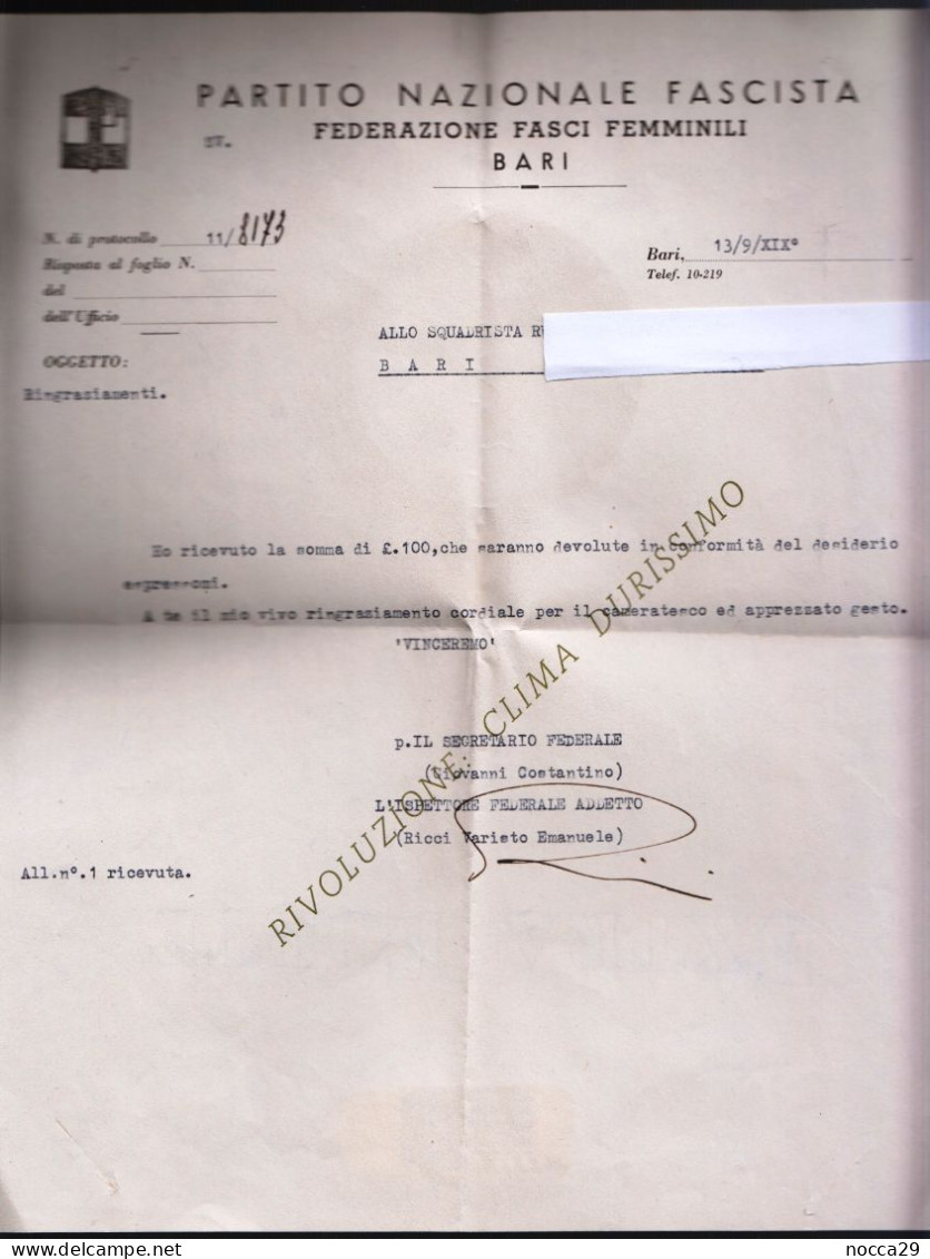 LETTERA SPEDITA DA BARI NEL 1941 - TIMBRI ROSSI EMA - FEDERAZIONE FASCI DI COMBATTIMENTO - SQUADRISMO (LET 107) - Marcophilia