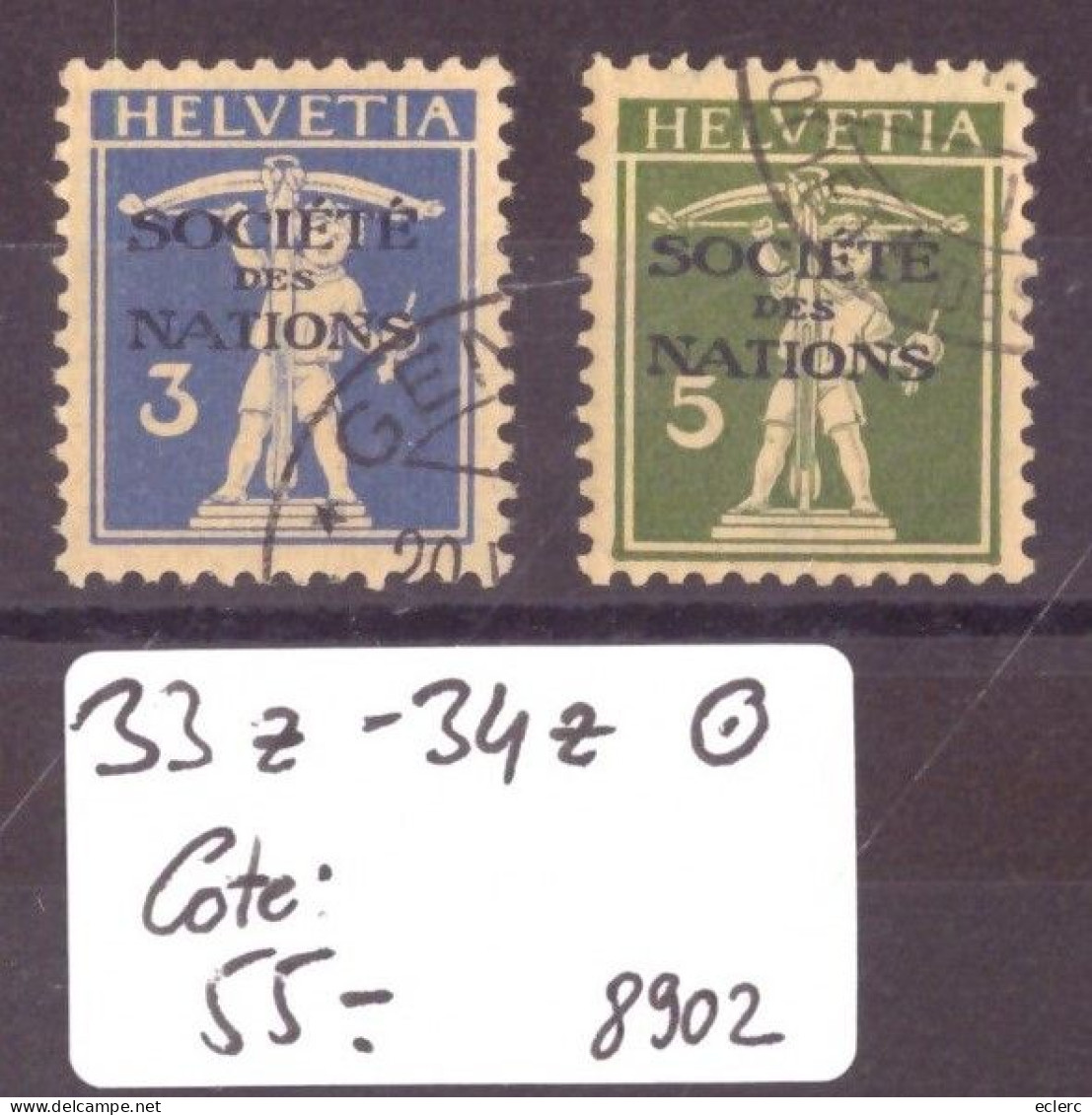 SOCIETE DES NATIONS - No 33z-34z OBLITERES( PAPIER GRILLE )   - COTE: 55.- - Dienstzegels
