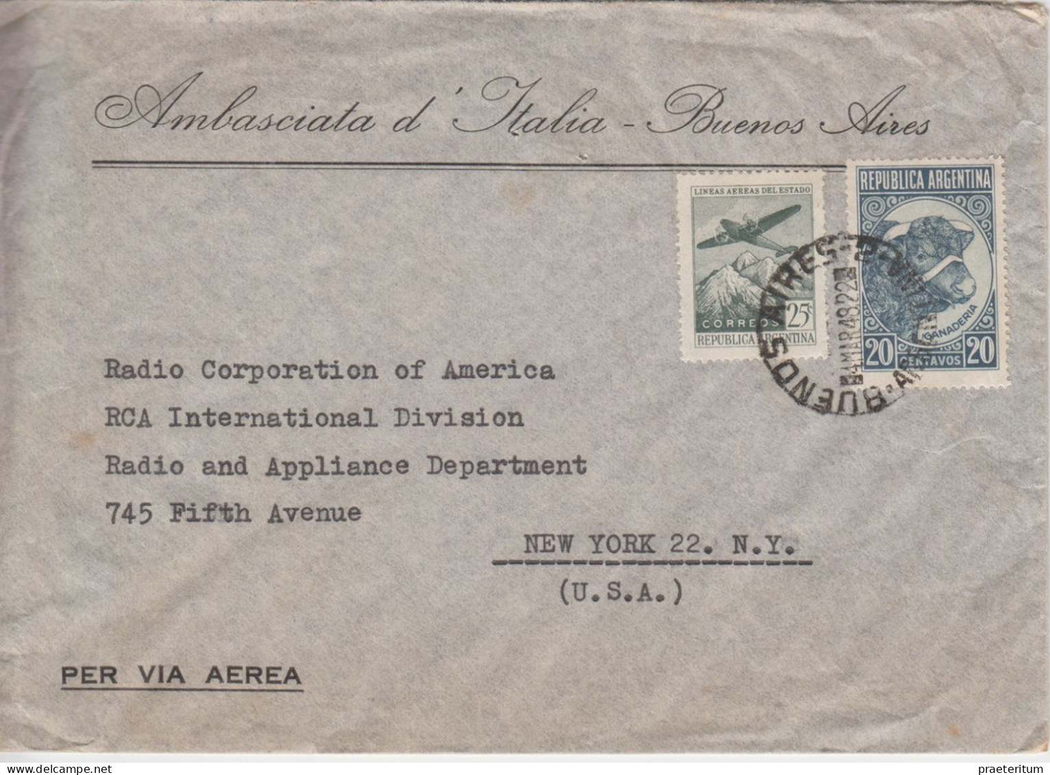 Ambasciata D'Italia - Buenos Aires, 4 Marzo 1948 - Lettera  A New York - 1946-60: Marcofilia