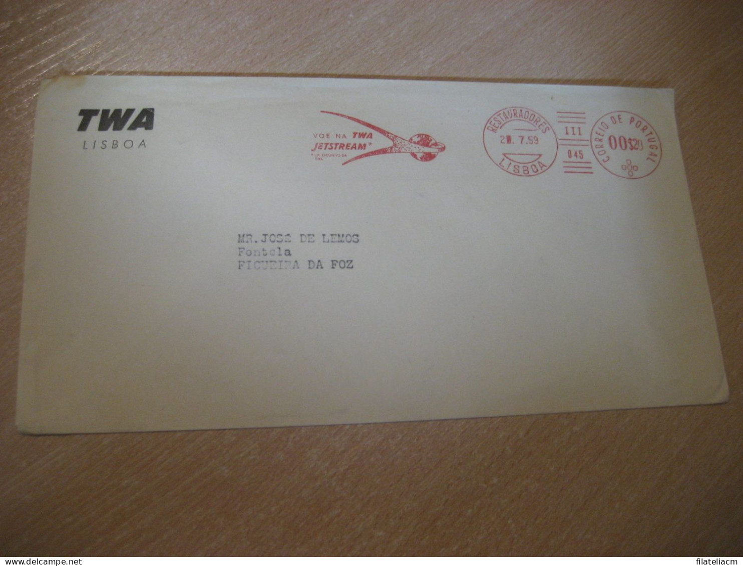 LISBOA 1959 To Figueira Da Foz TWA Jetstream Airline Trans World Airlines Flight Meter Mail Cancel Cover PORTUGAL - Cartas & Documentos