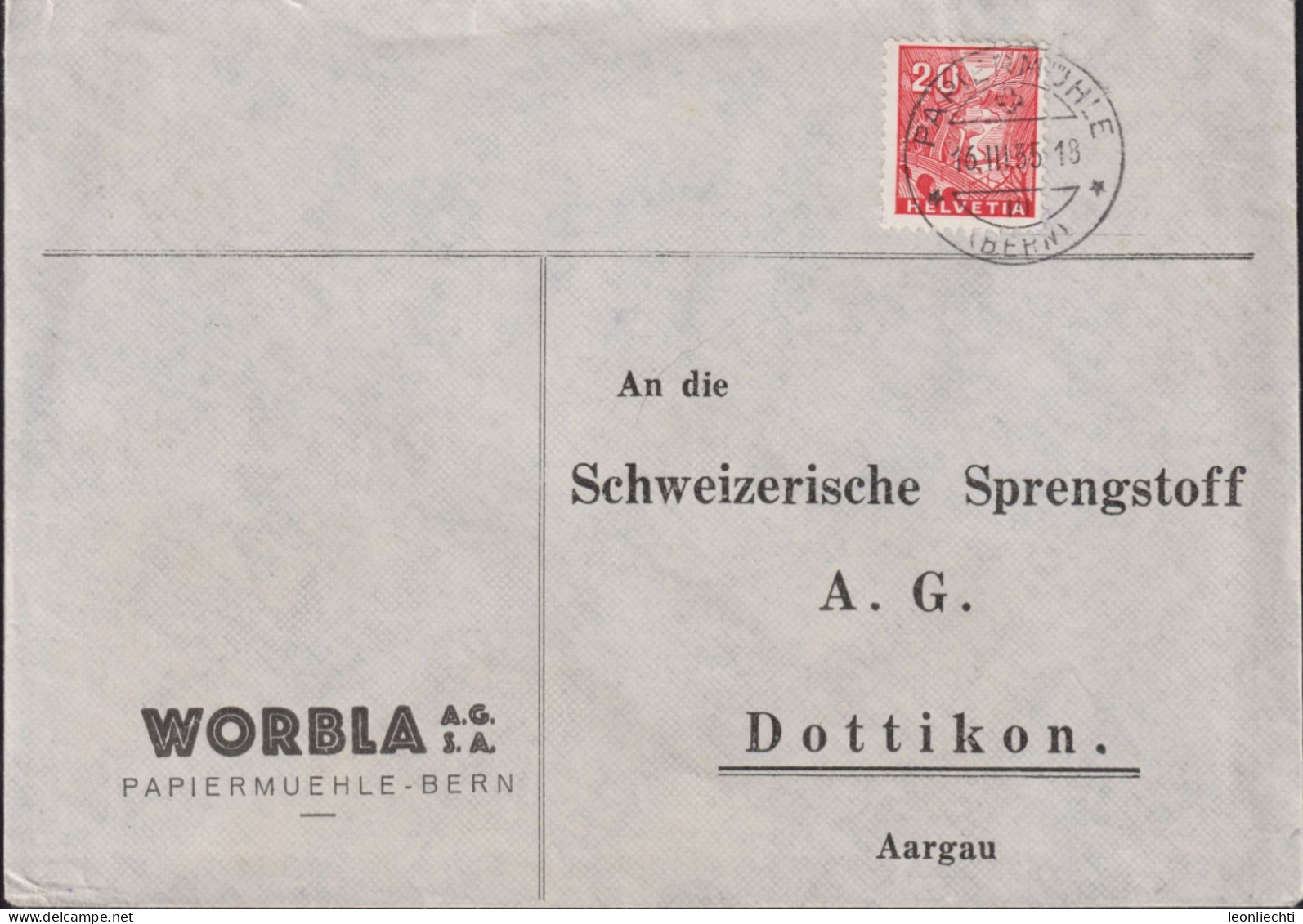 1935 Schweiz,  Brief (°PAPIERMÜHLE BERN), Zum:CH 198, Mi:CH 274, Val Leventina, - Lettres & Documents