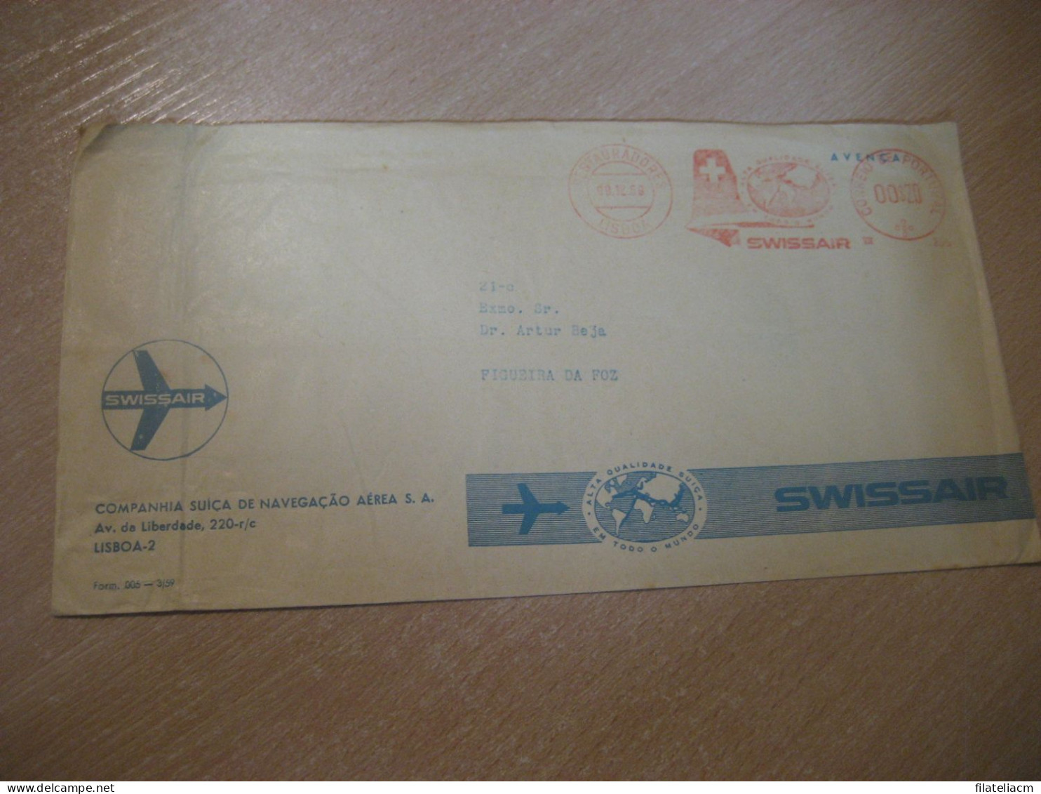 LISBOA 1959 To Figueira Da Foz SWISSAIR Airline Airlines Flight Meter Mail Cancel Cover PORTUGAL - Covers & Documents
