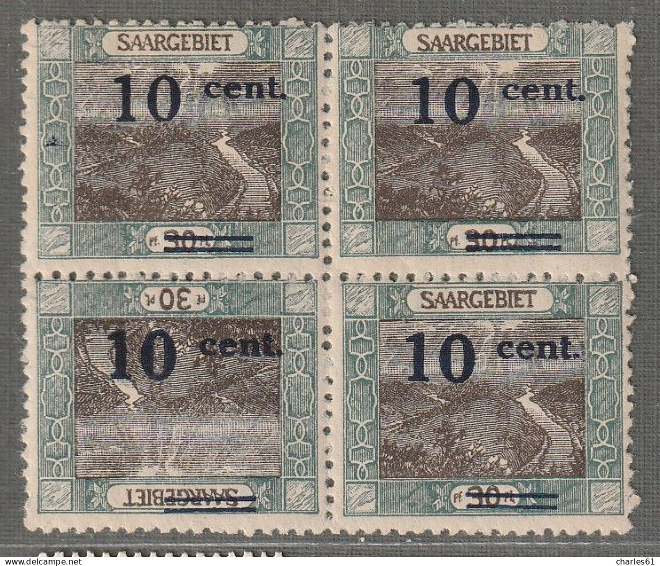 SARRE - N°71a ** (1921) 10c Sur 30p Vert Et Brun - Tête-bêche Avec Surcharge Renversée - - Neufs