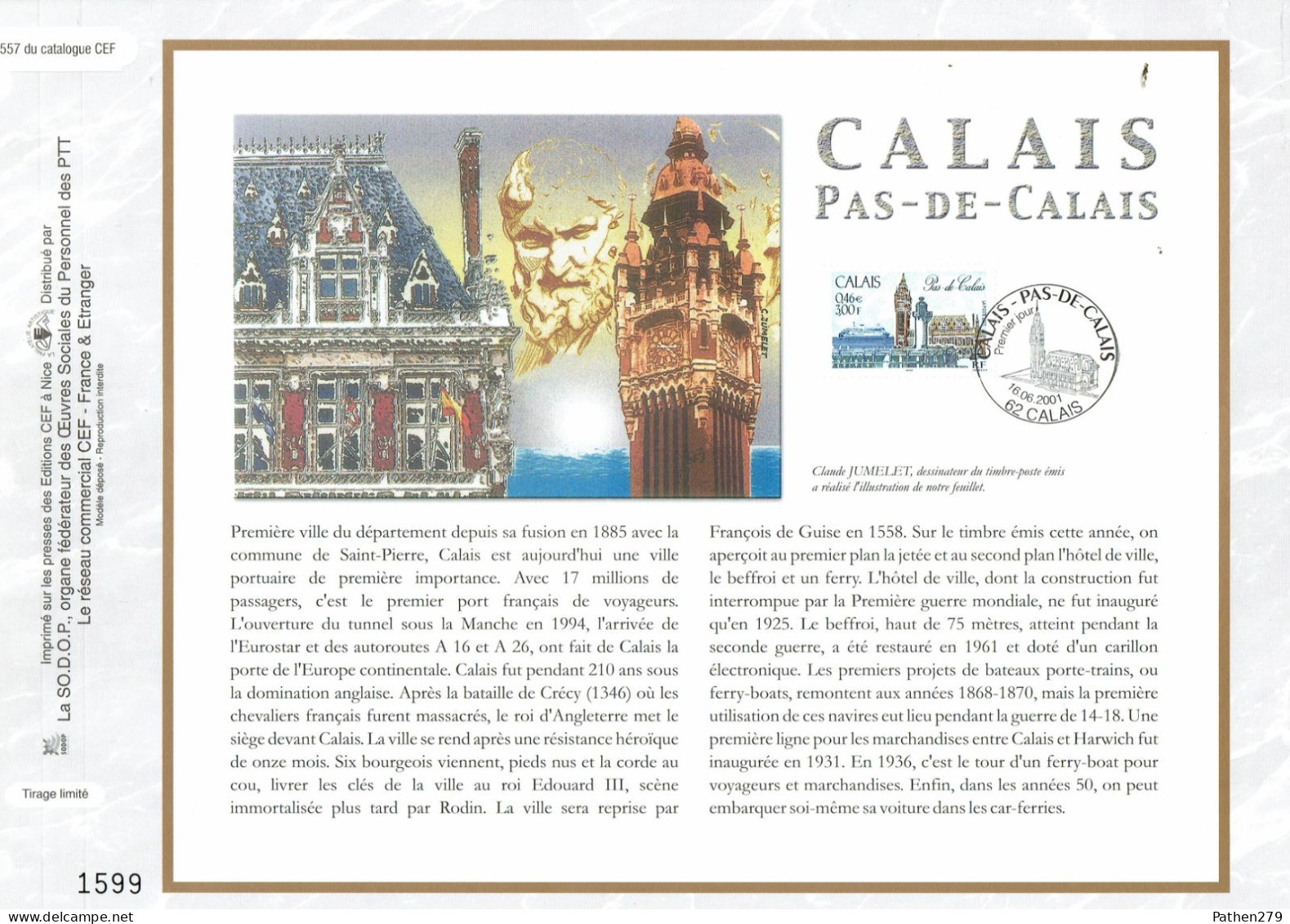 Feuillet Philatélique 1er Jour CEF N°1557 - Calais - Pas De Calais - 16 Juin 2001 - Géographie