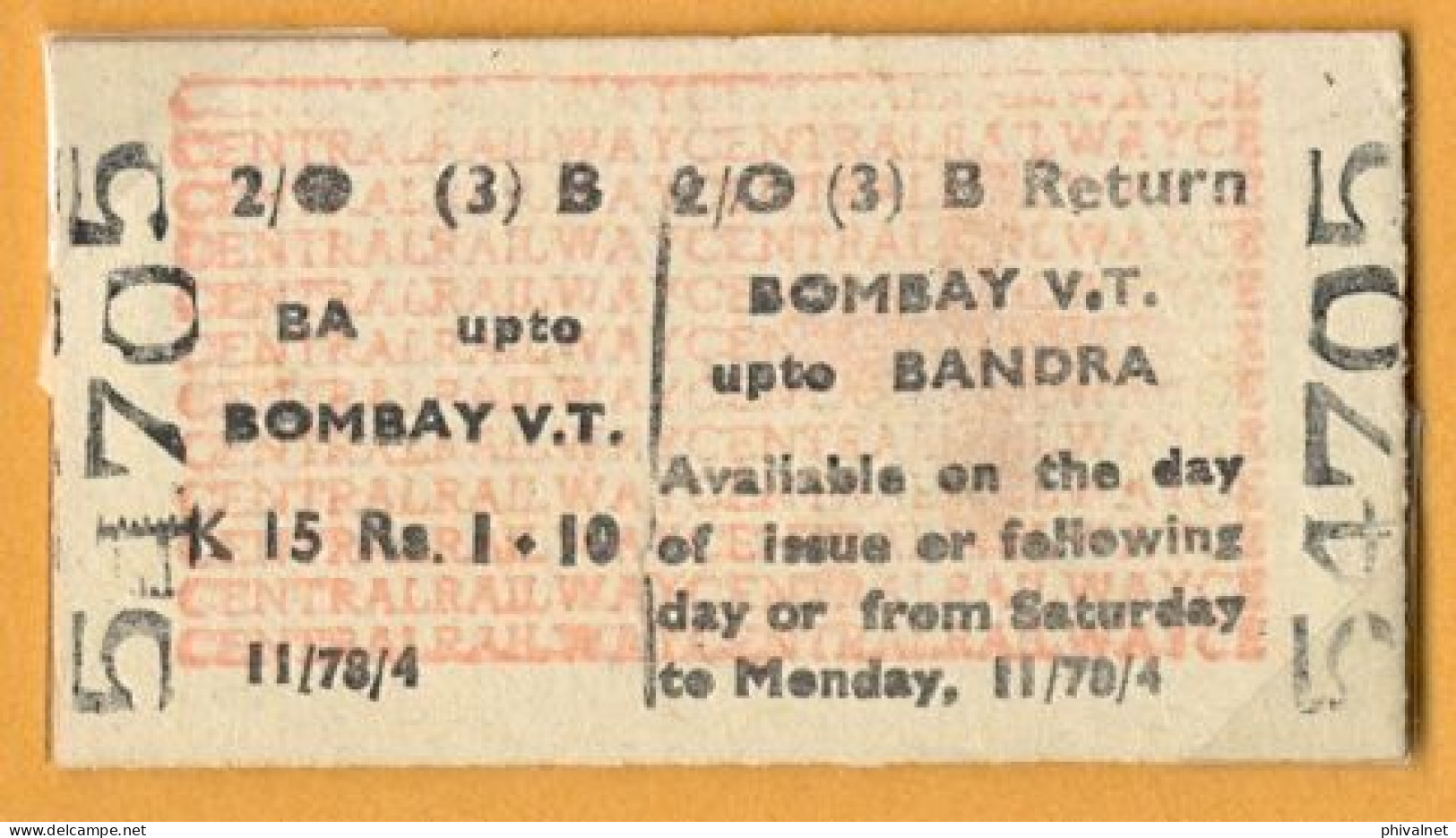 INDIA ,  BOMBAY - BANDRA , TICKET DE FERROCARRIL , TREN , TRAIN , RAILWAYS - Monde