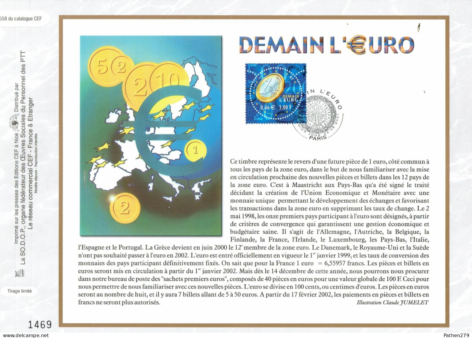 Feuillet Philatélique 1er Jour CEF N°1558 - Demain L'Euro - Paris - 23 Juin 2001 - Coins