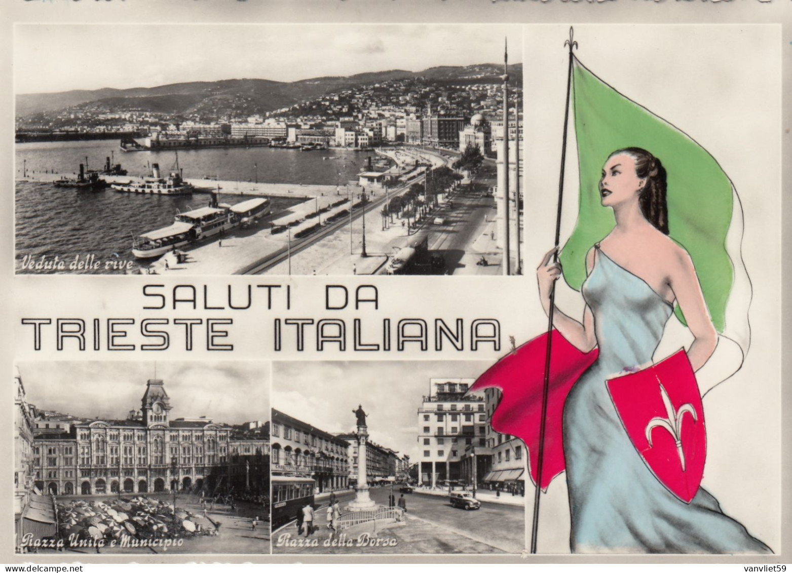 TRIESTE ITALIANA-SALUTI DA..DONNA CON DRAPPO TRICOLORE-MULTIVEDUTE- CARTOLINA VERA FOTOGRAFIA NON VIAGG. 1954 - Trieste (Triest)