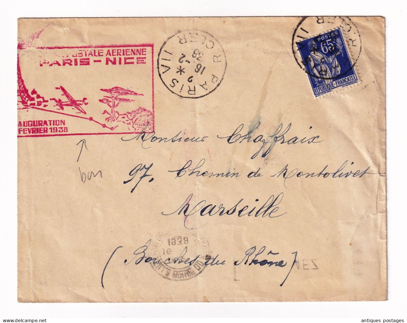 Lettre 16 Février 1938 Inauguration Ligne Postale Aérienne Paris Nice Pour Marseille Bouches Du Rhône - Lettres & Documents