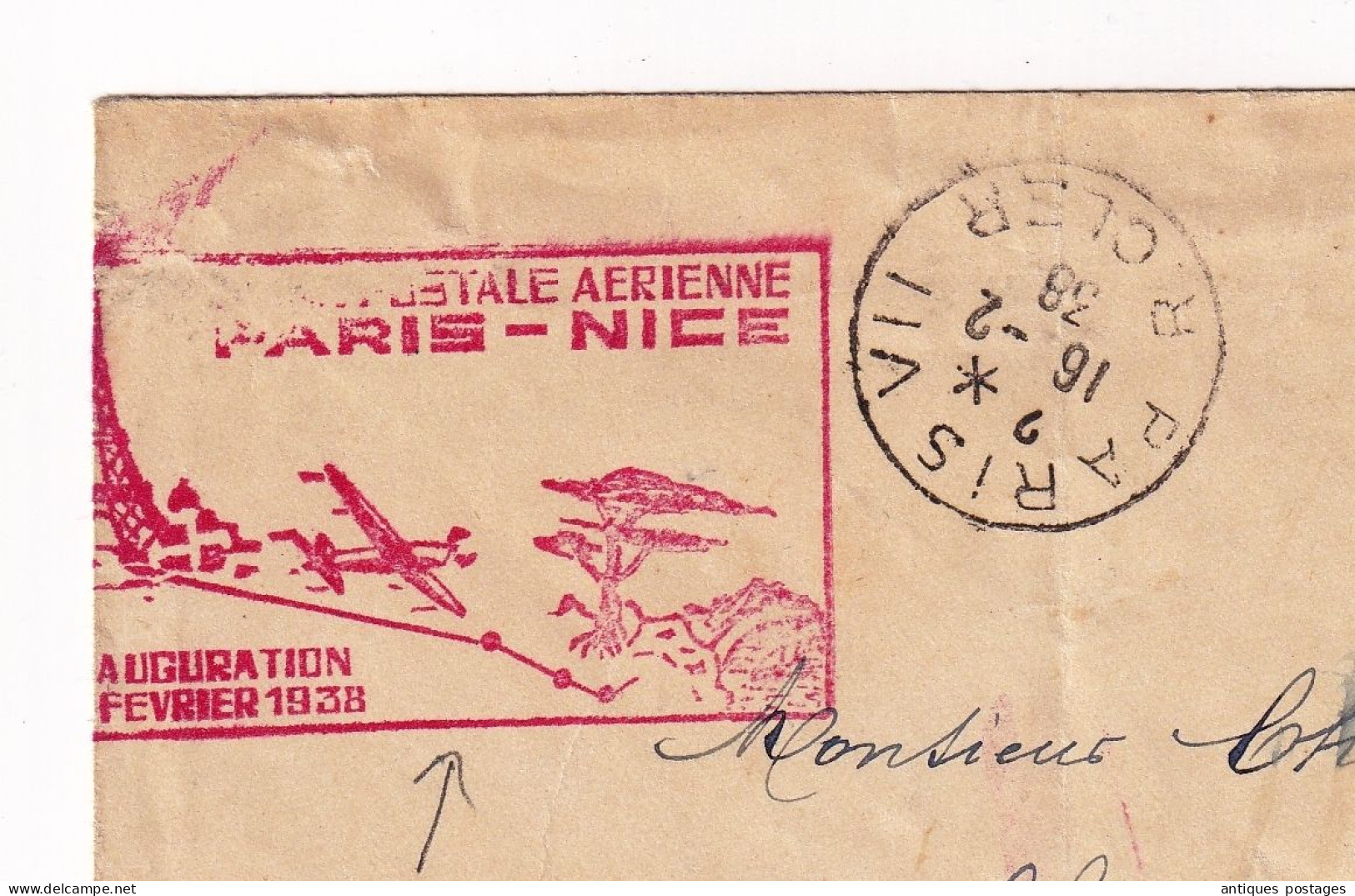 Lettre 16 Février 1938 Inauguration Ligne Postale Aérienne Paris Nice Pour Marseille Bouches Du Rhône - Storia Postale