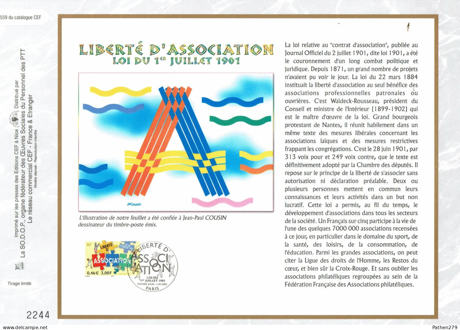 Feuillet Philatélique 1er Jour CEF N°1559 - Liberté D"association Loi 1er Juillet 1901 - Paris - 01 Juillet 2001 - Coins