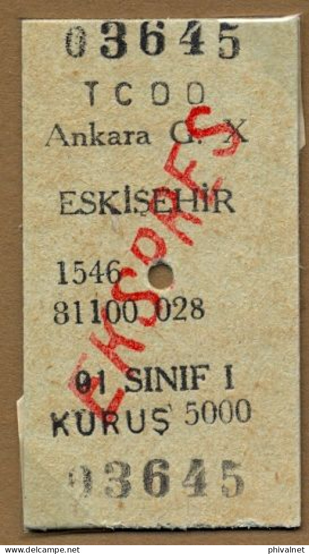 TURQUIA / TURKEY , ANKARA - ESKISEHIR  , TICKET DE FERROCARRIL , TREN , TRAIN , RAILWAYS - World