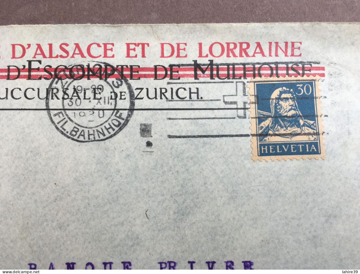 Enveloppe Timbrée / Banque D'Alsace Et De Lorraine / Succursale De Zurich / 1930 - 1900 – 1949